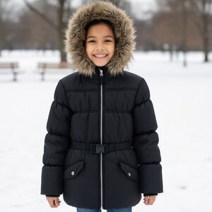 Rothschild Puffer Fur-Trimmed Hood Coat Jacket Black 14